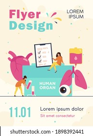 Concepto de donación de órganos. Contenedor con texto de órgano humano, pulmones humanos, globo ocular, hígado, corazón y sangre. Ilustración plana para medicina, trasplante, seguros, temas de cirugía