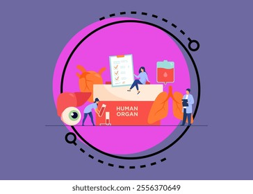 Organ donation concept. Container with human organ text, human lungs, eyeball, liver, heart and blood. Flat illustration for medicine, transplantation, insurance, surgery topics