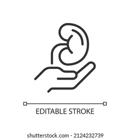 Organ donation pixel perfect linear icon. Living, deceased body parts offer. Tissues transplantation. Thin line illustration. Contour symbol. Vector outline drawing. Editable stroke. Arial font used