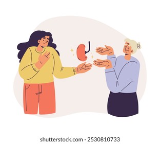 Organ Donation with Woman Donor Character Donating Kidney to Old Lady Vector Illustration