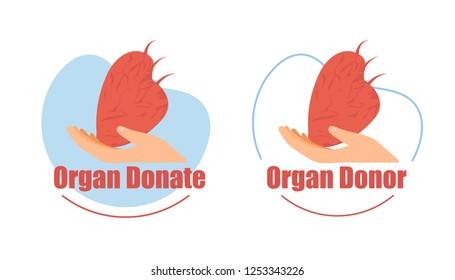 Organ Donor Flat Vector Icon or Round Badge Set with Hand Holding and Giving Human Heart Isolated on White Background Illustration. Organ Donation and Medicine Transplantation Surgery Symbol