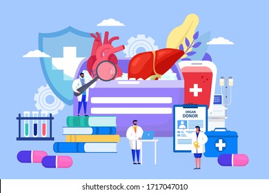 Organ donor transplant, concept vector illustration. Hospital staff discussing internal organ transplant option. Doctor stand on enlarged books and examine heart condition through magnifier.