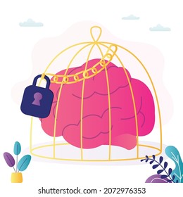 Organ In Golden Cage With Chain. Concept Of Limited Thinking In Humans. Human Brain Closed To New Information And Ideas. Mind Does Not Develop Or Learn. Mind Is In Strict Limits. Vector Illustration