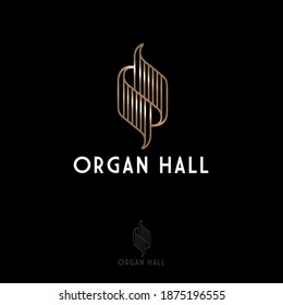 Organ hall logo. Gold abstract symbol and letters. Music emblem. Logo can be used for music festival, philharmonic, music hall.