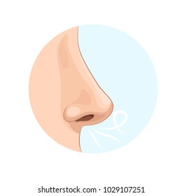Organ of human smell, nose. Biology, anatomy of man and human organs, body. Nose, body part, perception of odors from the environment. Side view, medicine, science, sensations. Vector illustration.