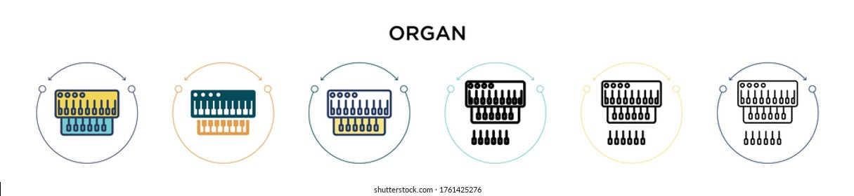 Orgelsymbol in vollem, dünner Linie, Umriss- und Schlagstil. Vektorgrafik von zwei farbigen und schwarzen Orgel-Vektorgrafiken-Designs kann für mobile, iPhone-, web-gestützte