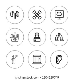 Organ icon set. collection of 9 outline organ icons with brainstorming, bones, cage, ear, kidneys, nephrologist, ultrasound icons. editable icons.