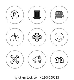 Organ icon set. collection of 9 outline organ icons with brain, brainstorm, bones, cage, lungs, organ icons. editable icons.