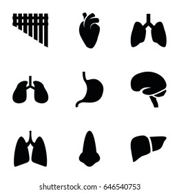 Organ icons set. set of 9 organ filled icons such as nose, stomach, liver, heart organ, lungs, brain