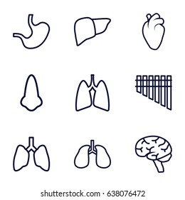 Organ icons set. set of 9 organ outline icons such as nose, liver, heart organ, lungs, brain, stomach