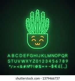 Organ pipe cactus cute kawaii neon light character. Pitahaya with smiling face. Home cacti in pot. Funny emoji, emoticon. Glowing icon with alphabet, numbers, symbols. Vector isolated illustration