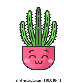 Organ pipe cactus cute kawaii vector character. Pitahaya with smiling face. Home cacti with smiling eyes. Flushed tropical plant in pot. Funny emoji, emoticon. Isolated cartoon color illustration