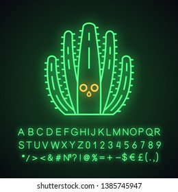 Organ pipe cactus cute kawaii neon light character. Cactus with hushed face. Wild Pitahaya cacti. Funny emoji, emoticon. Glowing icon with alphabet, numbers, symbols. Vector isolated illustration