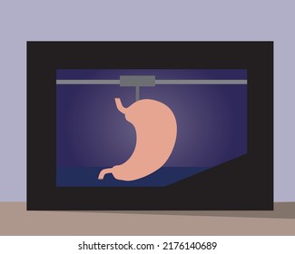 Organ stomach in 3D printer. Flat vector stock illustration. Concept of technologies of medicine and health care. Printing of anatomical bio organ