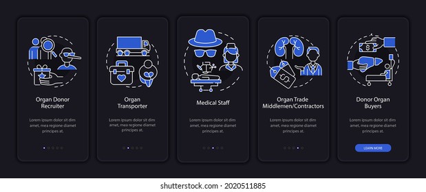 Organ trade participants dark onboarding mobile app page screen. Walkthrough 5 steps graphic instructions with concepts. UI, UX, GUI vector template with linear night mode illustrations