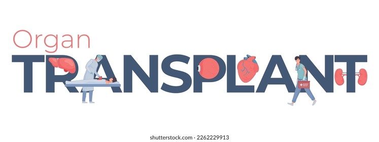 Organ transplant composition with editable text and flat characters of medical specialists with internal organs icons vector illustration