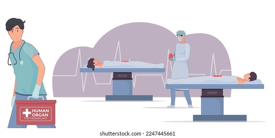 Organ transplant flat composition with characters of lying patients and medical specialist carrying organ in box vector illustration