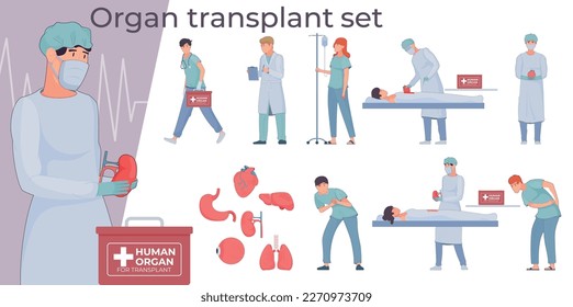 Organ transplant flat set of isolated compositions with limb icons and characters of doctors transporting organs vector illustration