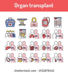 Organ Transplant Line Icons Set. Isolated Vector Element. Outline Pictograms For Web Page, Mobile App, Promo. Editable Stroke.