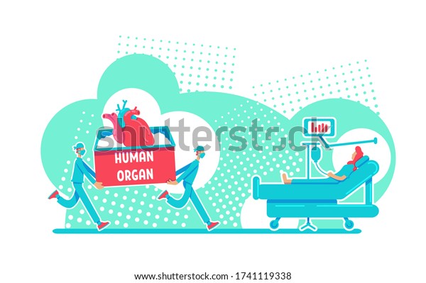 Organ transplant surgery flat concept vector\
illustration. Emergency donor for heart. Clinical operation 2D\
cartoon characters for web design. Surgical procedure to save life\
creative idea