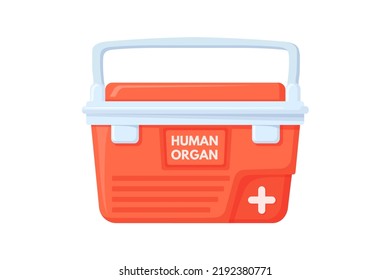 Organ Transplantation Box. Transport Cooler Bag For Donation Organs, Medical Red Cold Storage Of Donor Transplant, Fridge Shipping Human Heart Or Blood Vector Illustration Of Box Donor Transplant