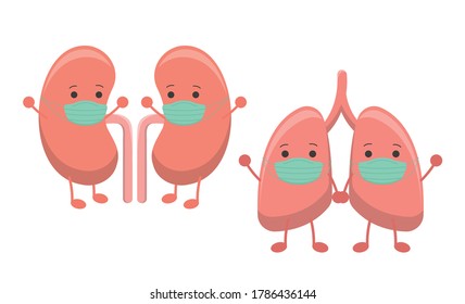 Organ wearing a face mask, lungs and kidneys, illustration icon cartoon character, vector flat design, isolated on white background