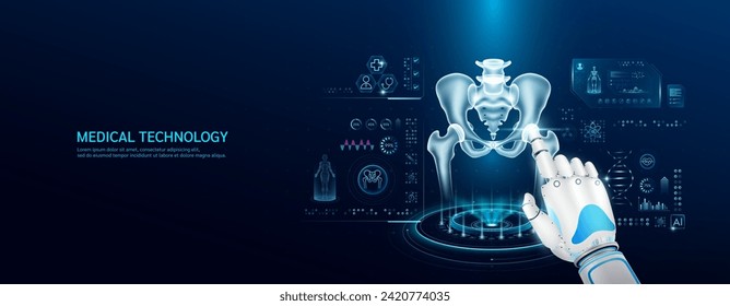 Organ X ray examination and scan virtual simulation interface hologram. Robot index finger is touching a human pelvis bone. Medical health care with futuristic technology. Banner vector.