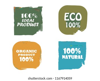 Organic, 100% bio, eco, natural product, vegan food, natural farming, vegetarian labels. Vector collection of paint brush strokes isolated on white background. Hand drawn abstract design elements set.