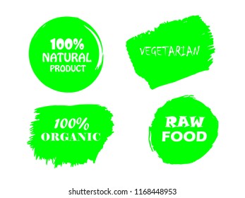 Organic, 100% bio, eco, natural product, vegan food, natural farming, vegetarian labels. Vector collection of paint brush strokes isolated on white background. Hand drawn abstract design elements set.