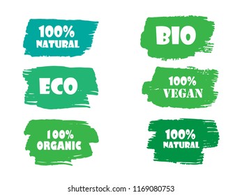 Organic, 100% bio, eco, natural product, vegan food, natural farming, vegetarian labels. Vector collection of paint brush strokes isolated on white background. Hand drawn abstract design elements set.