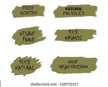 Organic, 100% bio, eco, natural product, vegan food, natural farming, vegetarian labels. Vector collection of paint brush strokes isolated on white background. Hand drawn abstract design elements set.