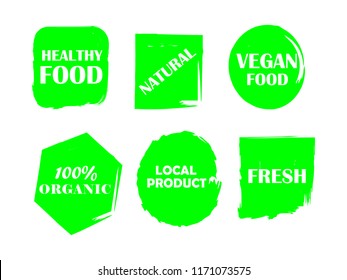Organic, 100% bio, eco, natural product, vegan food, natural farming, vegetarian labels. Vector collection of paint brush strokes isolated on white background. Hand drawn abstract design elements set.