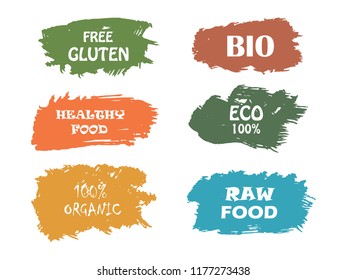 Organic, 100% bio, eco, natural product, vegan food, natural farming, vegetarian labels. Vector collection of paint brush strokes isolated on white background. Hand drawn abstract design elements set.