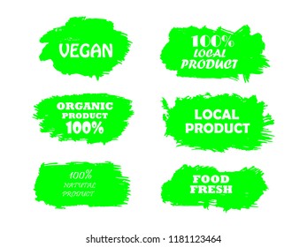 Organic, 100% bio, eco, natural product, vegan food, natural farming, vegetarian labels. Vector collection of paint brush strokes isolated on white background. Hand drawn abstract design elements set.