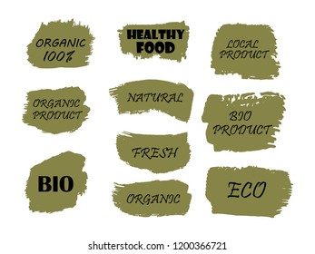 Organic, 100% bio, eco, natural product, vegan food, natural farming, vegetarian labels. Vector collection of paint brush strokes isolated on white background. Hand drawn abstract design elements set.