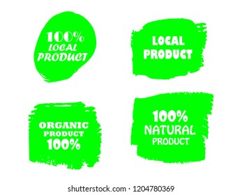 Organic, 100% bio, eco, natural product, vegan food, natural farming, vegetarian labels. Vector collection of paint brush strokes isolated on white background. Hand drawn abstract design elements set.