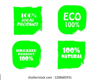 Organic, 100% bio, eco, natural product, vegan food, natural farming, vegetarian labels. Vector collection of paint brush strokes isolated on white background. Hand drawn abstract design elements set.