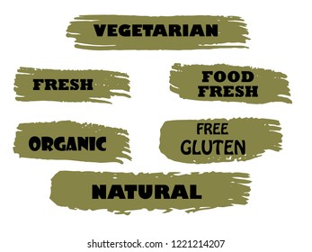 Organic, 100% bio, eco, natural product, vegan food, natural farming, vegetarian labels. Vector collection of paint brush strokes isolated on white background. Hand drawn abstract design elements set.