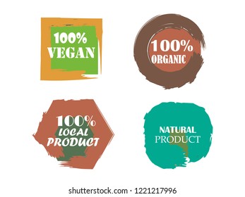 Organic, 100% bio, eco, natural product, vegan food, natural farming, vegetarian labels. Vector collection of paint brush strokes isolated on white background. Hand drawn abstract design elements set.