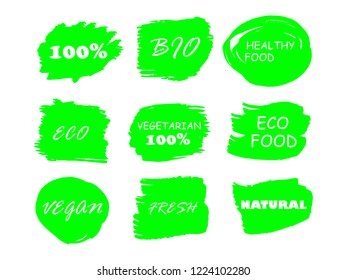 Organic, 100% bio, eco, natural product, vegan food, natural farming, vegetarian labels. Vector collection of paint brush strokes isolated on white background. Hand drawn abstract design elements set.