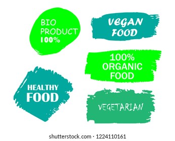 Organic, 100% bio, eco, natural product, vegan food, natural farming, vegetarian labels. Vector collection of paint brush strokes isolated on white background. Hand drawn abstract design elements set.
