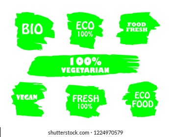 Organic, 100% bio, eco, natural product, vegan food, natural farming, vegetarian labels. Vector collection of paint brush strokes isolated on white background. Hand drawn abstract design elements set.