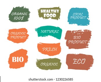 Organic, 100% bio, eco, natural product, vegan food, natural farming, vegetarian labels. Vector collection of paint brush strokes isolated on white background. Hand drawn abstract design elements set.