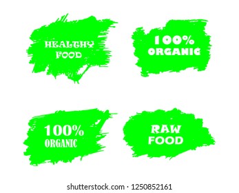 Organic, 100% bio, eco, natural product, vegan food, natural farming, vegetarian labels. Vector collection of paint brush strokes isolated on white background. Hand drawn abstract design elements set.