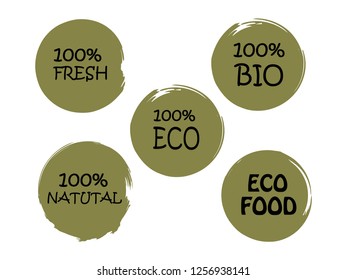 Organic, 100% bio, eco, natural product, vegan food, natural farming, vegetarian labels. Vector collection of paint brush strokes isolated on white background. Hand drawn abstract design elements set.