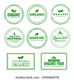 Organic, 100% natural, farm fresh, gluten free, vegan,  food, product rubber stamps, labels, stickers, vector Illustration.