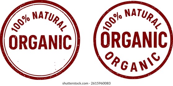 Organic 100% Natural Red Rubber Stamp Vector Set – Grunge Style Circular Seals with Typography, Distressed Ink Texture, Rough Edges, and Authentic Rubber Imprint Look on transprent Background