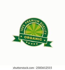 Organic and 100% premium quality food emblem, label and sticker in green and yellow colors. Vector illustration in flat style. 