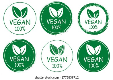 Organic 100% vegan design template raw healthy food logo symbol. Vector illustration icon sign. Isolated on white background. Rubber stamp style.
