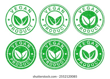 Organic 100% vegan product design grunge stamp template icon symbol. Suitable for vegetarian green leaves logo symbol. Vector illustration icon sign. Isolated on white background